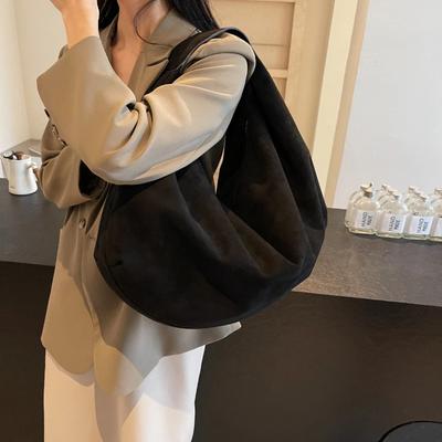 Große Kunstwildleder Hobo-Taschen Damen Einfarbig Schwarz Taschen Winter Herbst Große Handtaschen Fauler Stil Designer Damen Freizeit Tragetaschen
