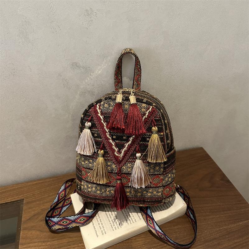 New Trendy and Lightweight Women's Backpack, National Style Fringed Messenger Bag, Fashionable and Versatile Small Backpack for Travel