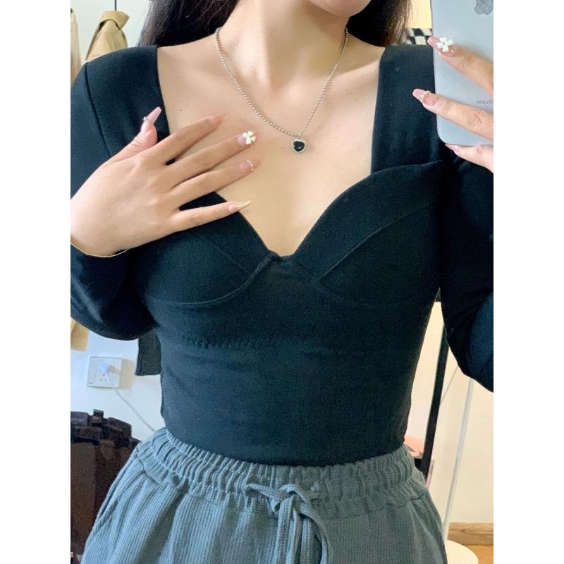 New Underwear Top with Chest Pad Women's Autumn Clothes Tight Winter Low-necked Bottoming Shirt