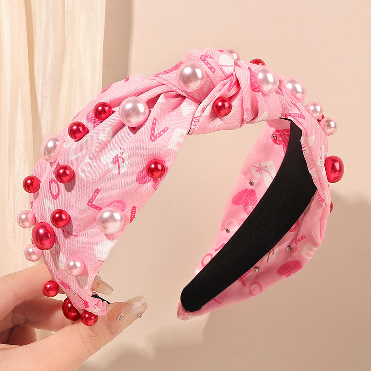 

Повязка на голову на День святого Валентина для женщин, жемчужная повязка с узлом, красно-розовая жемчужная повязка для волос, широкая повязка для волос с узлом сверху, подарки на День святого Валентина