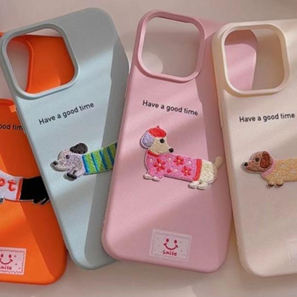 Leather Cartoon Embroidered Dachshund iPhone 15 Pro Max Apple 14 Phone Case 11 New 12 Soft 13 Pro