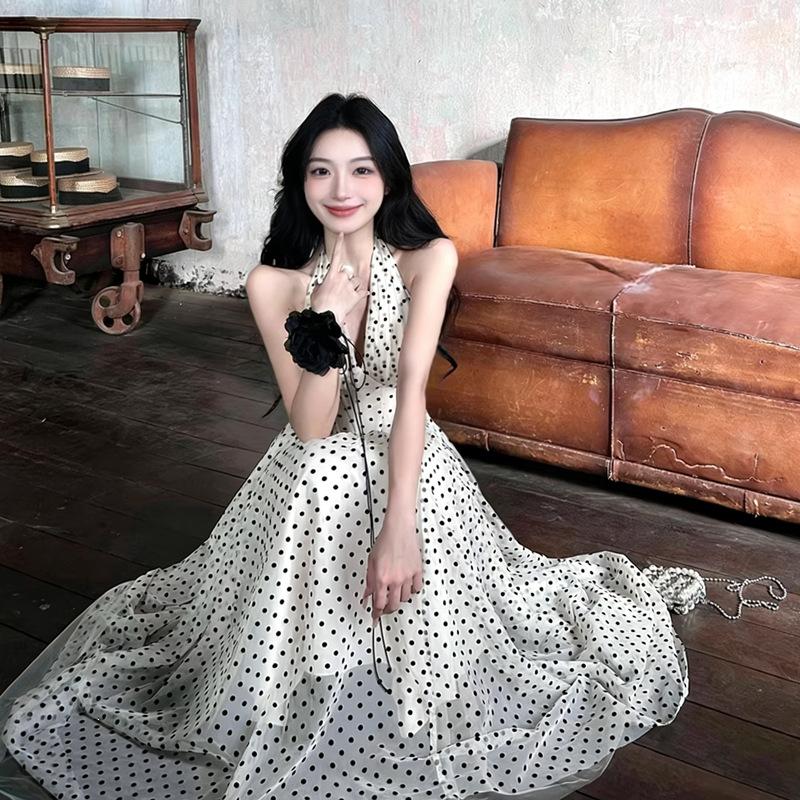 Polka Dot Neck Dress Women's Summer New Fishbone V-neck Long Dress Temperament Waist Pure Desire Wind Long Skirt
