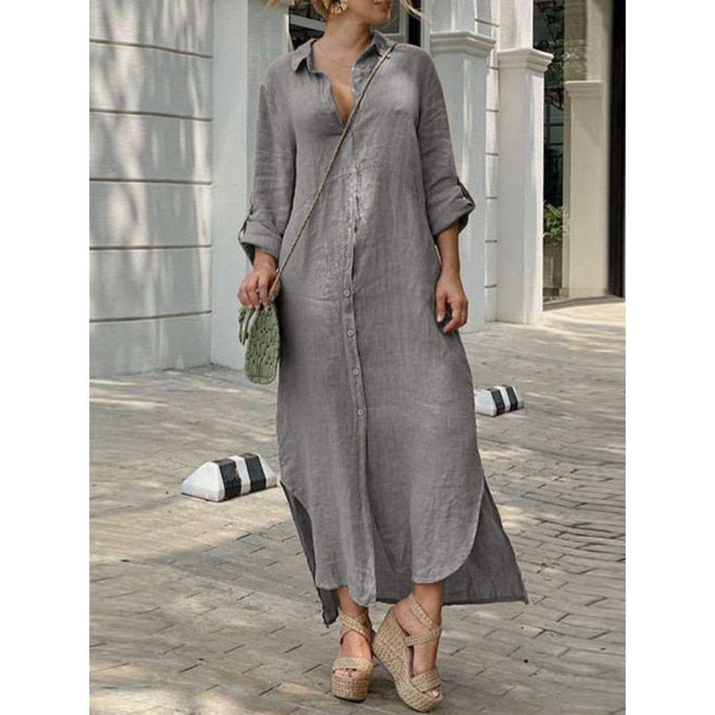 Cotton and Linen Button up Long Skirt Dress Cotton and Linen Button Dress