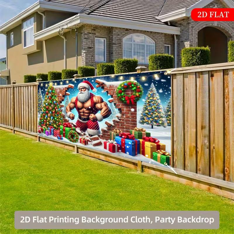 2D Christmas Garage Door Backdrop, Funny Buff Santa Holiday Background Cloth for Outdoor Decoration