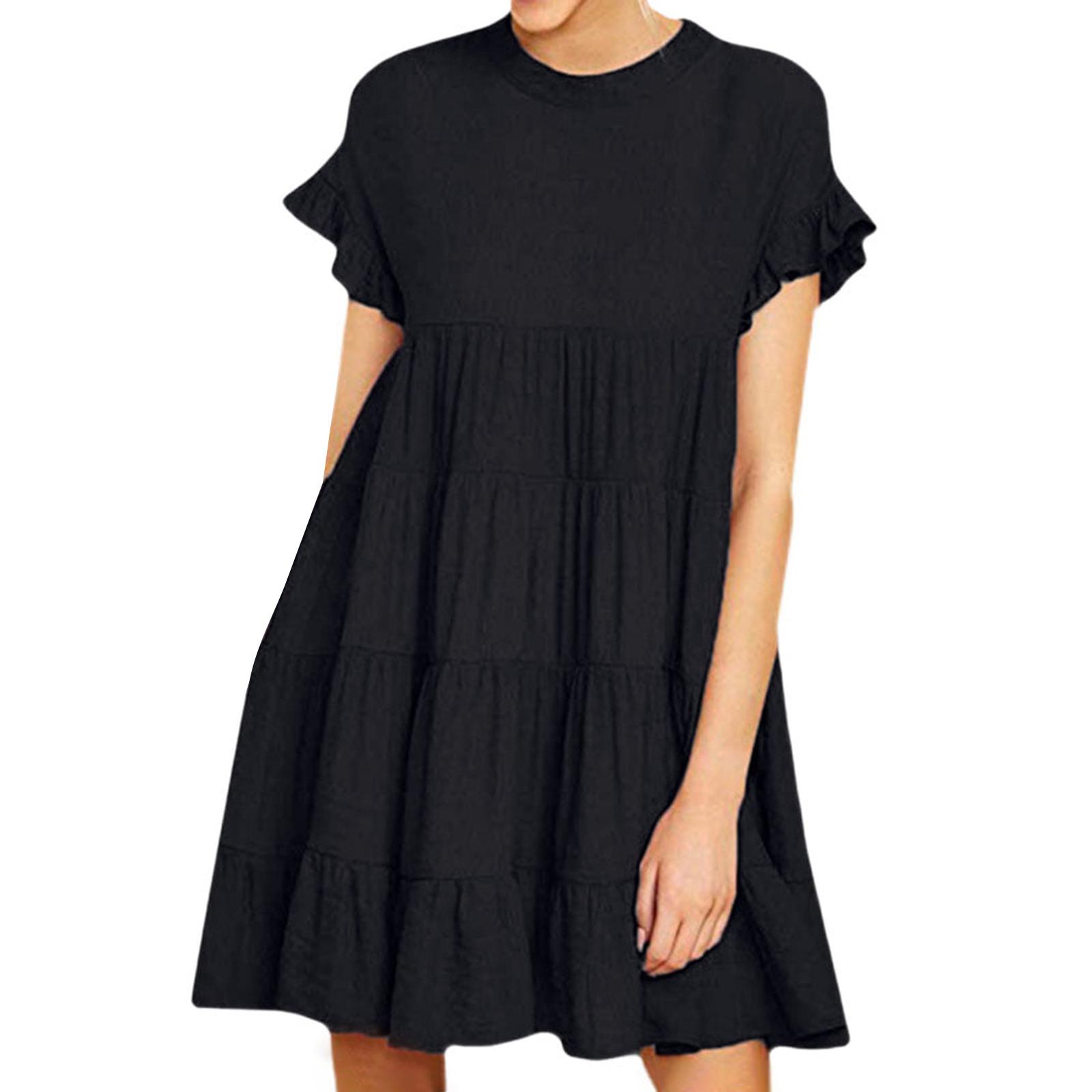 Women s Neck Ruffle Short Sleeve Babydoll Dress Ruffle Swing Dress Ruffle Cake Dress XL чёрный