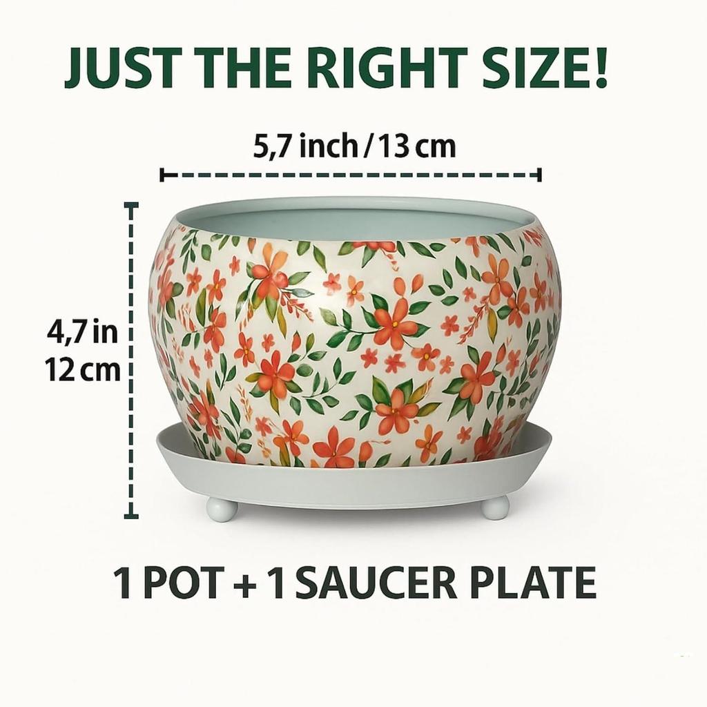 5 inches, Lily Designer Leaf Metal Plant Pot with Saucer Plate | Indoor Outdoor Home Decor Item for Garden Plants Flower, Balcony, Patio, Living Room