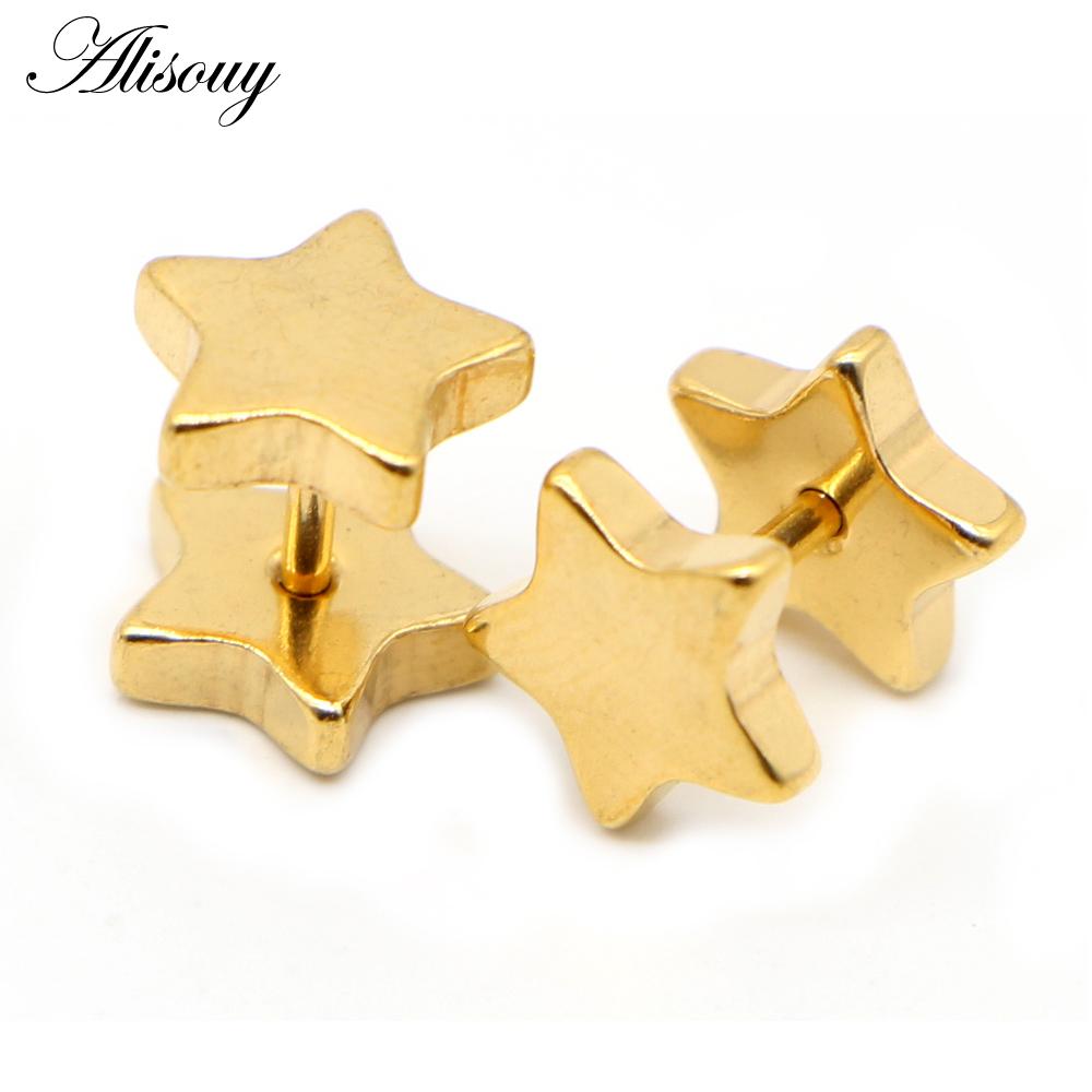 Alisouy 2pcs New Unisex Stainless Steel Barbell Ear Stud Classic Five-Pointed Star Earrings Screw Back Ear Piercing Body Jewelry