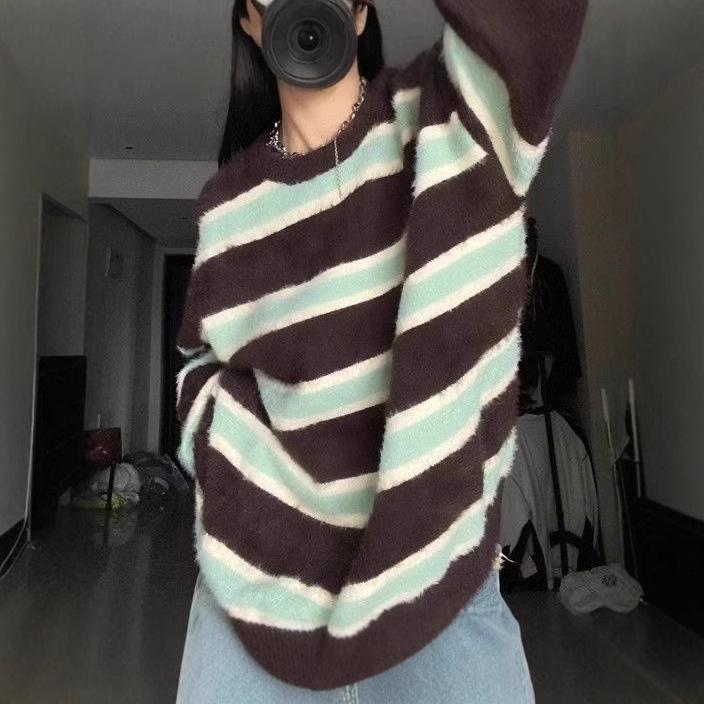 

Women s Soft Striped Retro Knit Sweater - Cozy Korean Loose-Fit for Autumn/Winter M