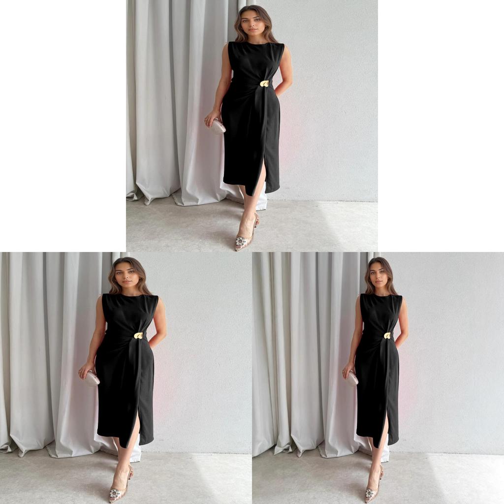 Elegant Black Sleeveless Knit Dress With High Waist For Office And Casual Wear