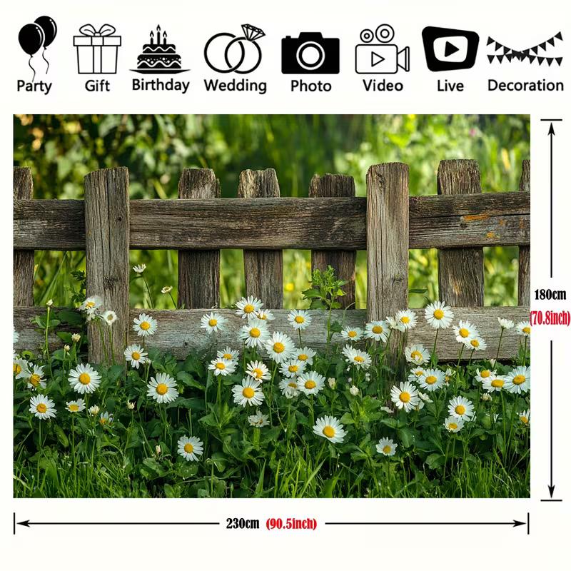 Rustic Garden Fence and Daisy Backdrop 150x100cm Spring Floral Scene Photography Background Banner