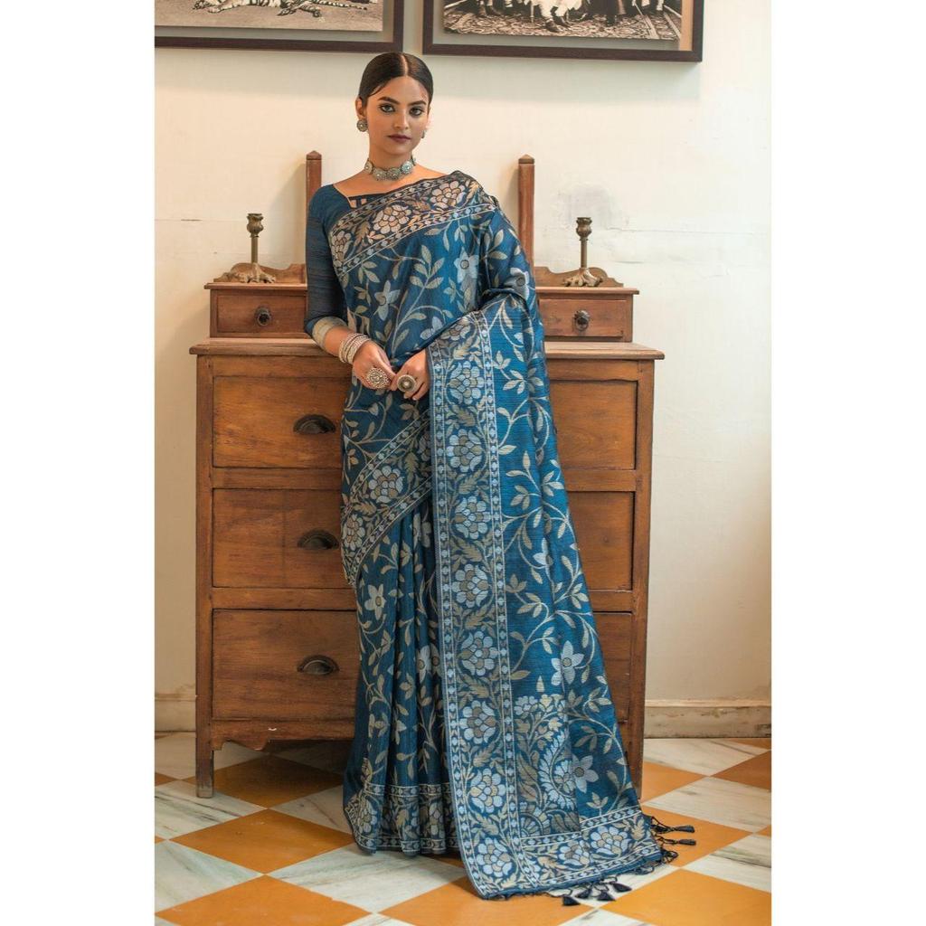 Soft Linen Silk Saree with with Beautiful Zari Woven Temple Border and Zari Pallu with Fancy Tassels and Running Blouse Piece