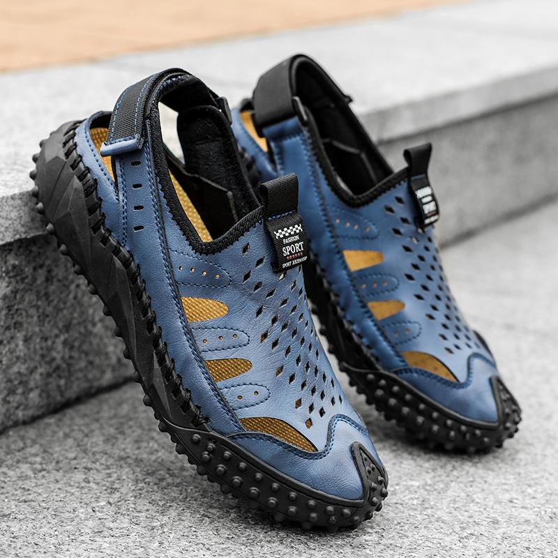 Kvėpuojantys, minkšti vyriški, natūralios odos rankiniu būdu susiuvami sandalai