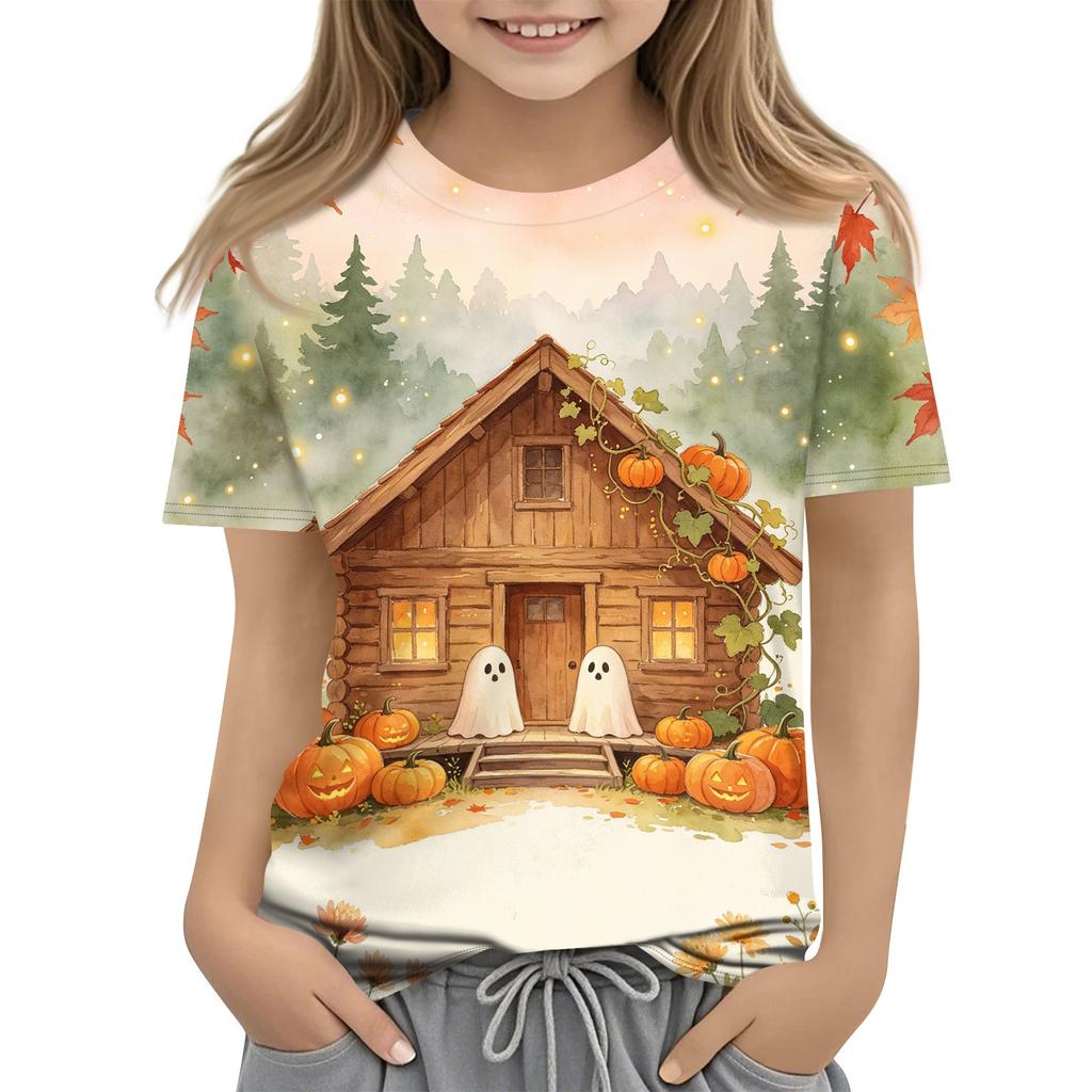 Kids Halloween Printed Short Sleeve T Shirt Casual Round Neck Tee Top Boys Girls Comfortable Fit Soft Fabric
