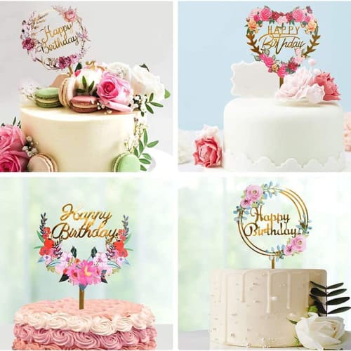 LIKENNY 5-Piece Set of Cake Topper, Birthday Cake Decoration, Cake Insert Card, Flower, Happy Birthday Party Cake Decorating Supplies for Celebrations