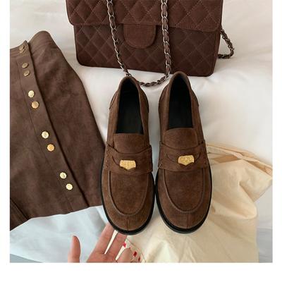 Aitāda, dabīgā āda, zamšāda, apaļa galva, mazas zelta monētas, zempapēžu retro loafers, sieviešu slinki mazi ādas apavi