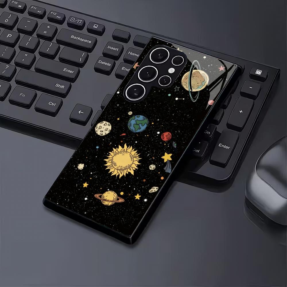 Space Sternenhimmel Schwarze Gehärtete Glas Handyhülle Geeignet für Samsung Galaxy S26 S25 S24 S23 S22 S21 S20 FE/Ultra/Plus Anti-Drop
