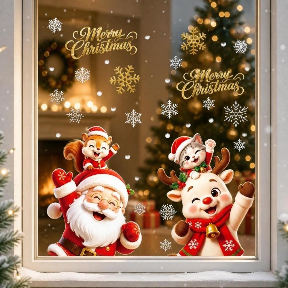 2 Sheets Santa Claus Static Window Stickers Elk Cat Glass Electrostatic Film Glass Window