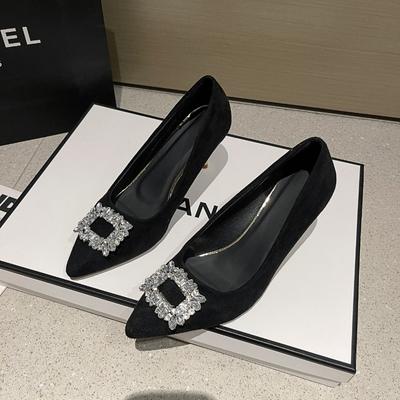 Fashion Women's Fashion Slim Heel Shoes Fall New Pointy Head Shallow Mouth Cow Suede Rhinestone Square Buckle Temperament High Heels