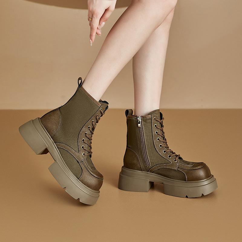 Leather Martin Boots Women's Autumn Thick-soled Canvas Locomotive Thin Rhubarb Boots Retro Casual Short Boots
