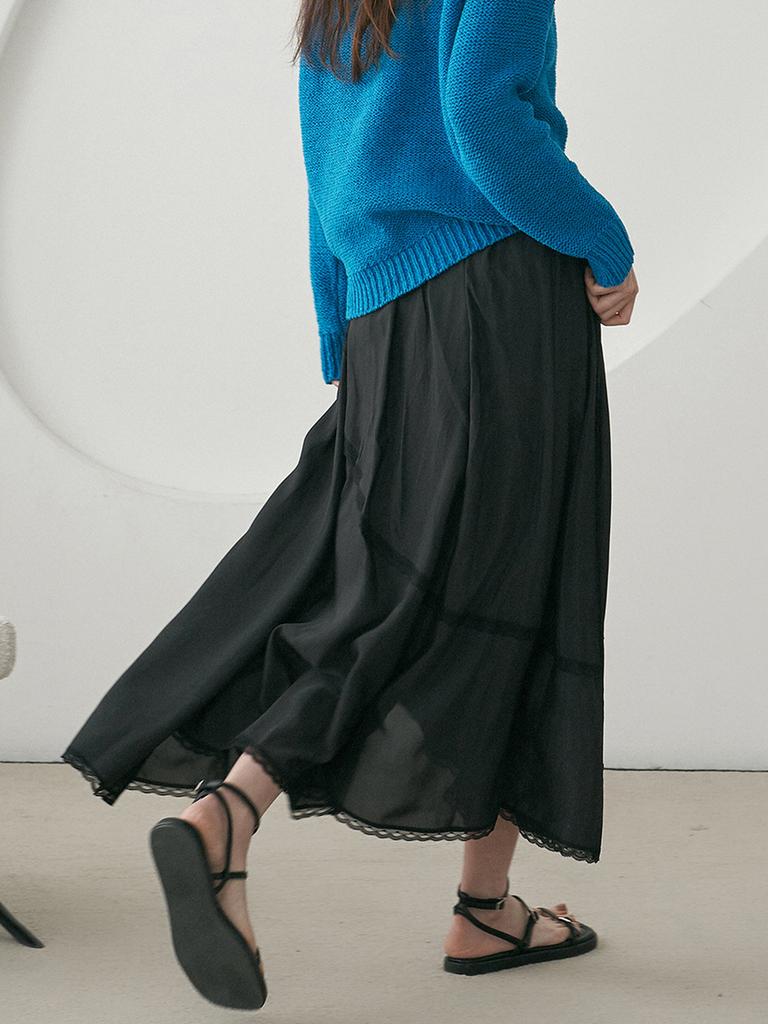 Dijainowol Lace Asymmetrical Elastic Waist Long Skirt_Black