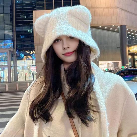 Winter Cute Bear Ears Knit Hat for Women Fuzzy Slouchy Crochet Hat Soft Plush Warm Hat with Ear Flap