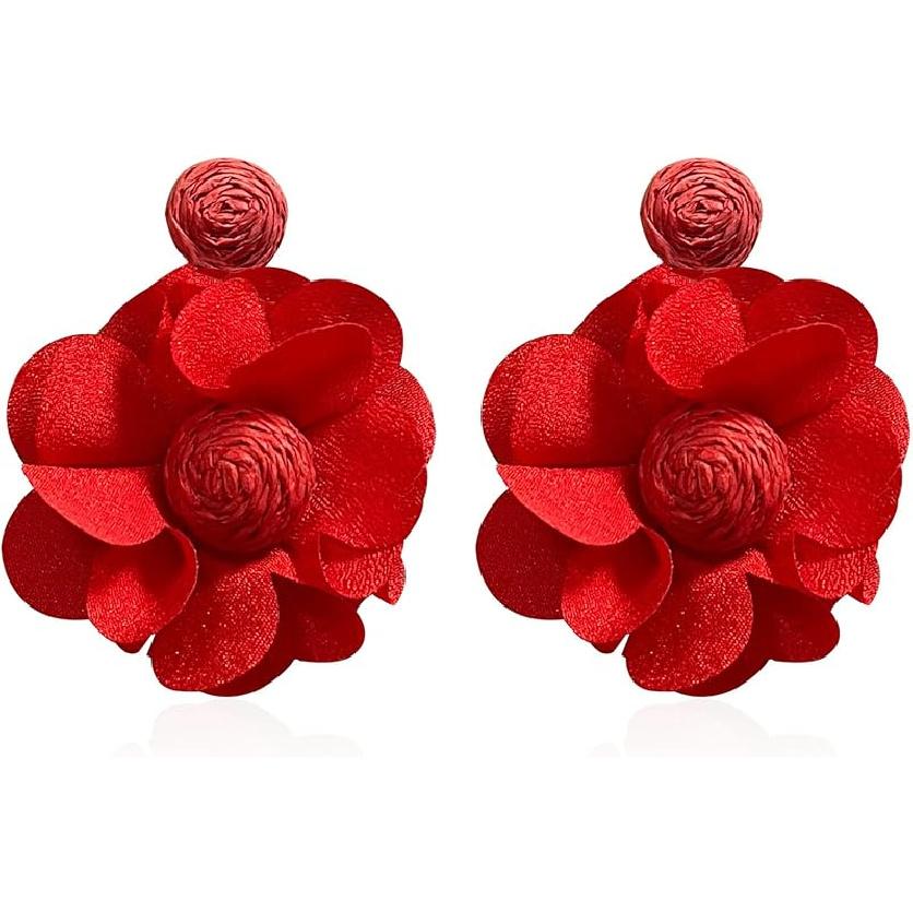 Rattan Earrings Summer Boho Handwoven Big Fabric Chiffon Rattan Flower Drop Earrings Statement Tropical Beach Vacation Jewelry