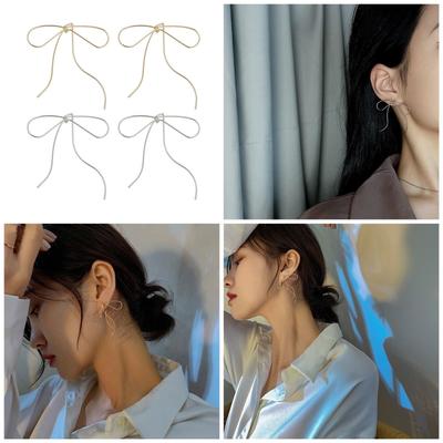 Fashionable Bowknot Earrings Vintage Long Tassels Bow Drop Earrings Simple Line Ear Studs Dangle Eardrop Party Jewelry