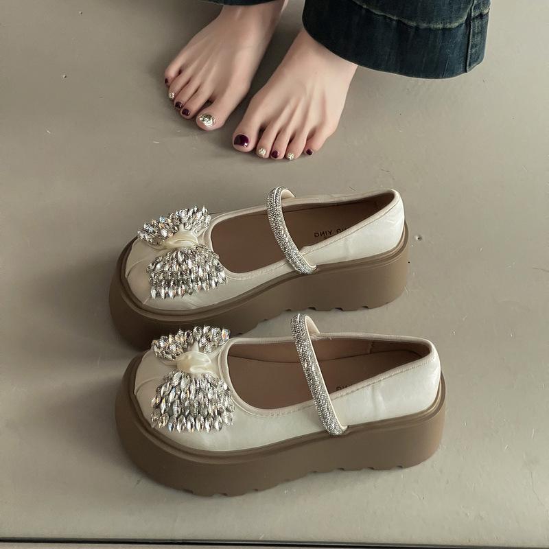 Bow rhinestone one-word buckle Mary Jane shoes women's fashion platform casual height increase single shoes women's shoes