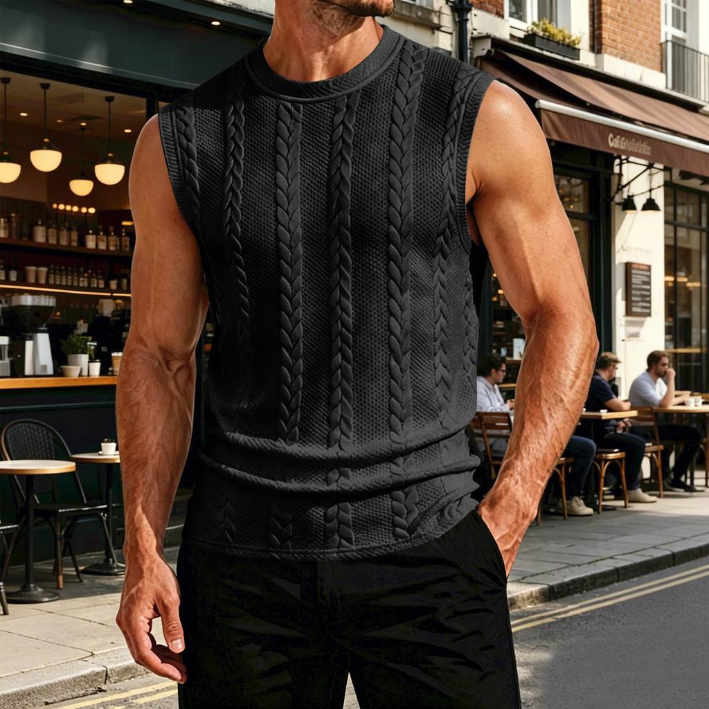 Men Sleeveless Vest Cable Knit Pattern Round Neck Pullover Sweater Lightweight Summer Spring Casual Knitwear