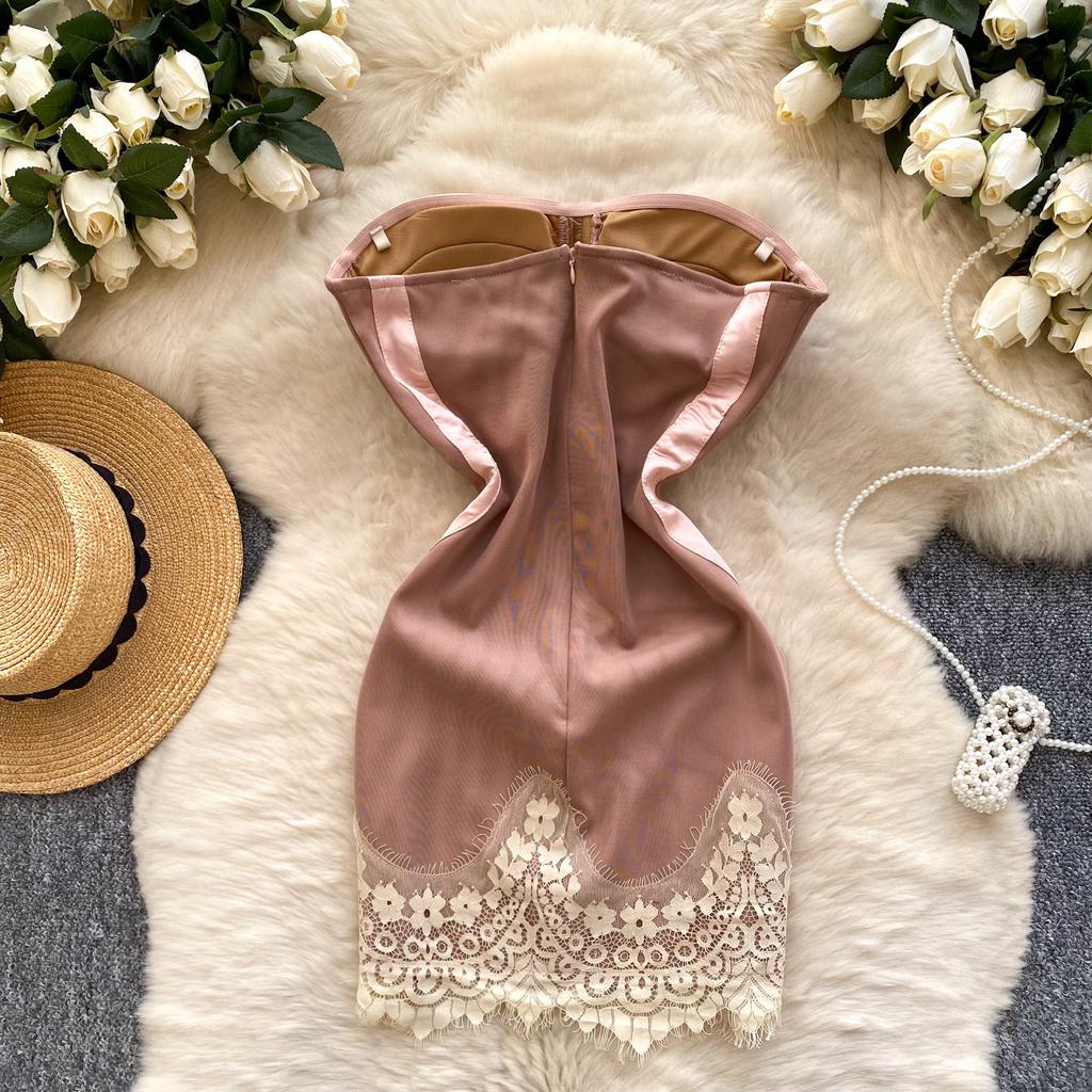 Summer Women Sexy Strapless Lace Patchwork Club Party Mini Short Slim Bodycon Pencil Dresses