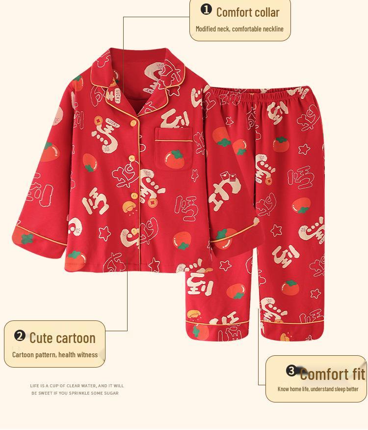 2026 Year of the Rooster Red Girls' Korean Style Cotton Pajamas - Parent-Child Long Sleeve Winter Homewear
