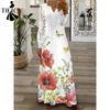 Women's Fashion Spring Fall Flower Pattern Print Long Sleeve V-Neck Loose Waistlinet Casual Dresses