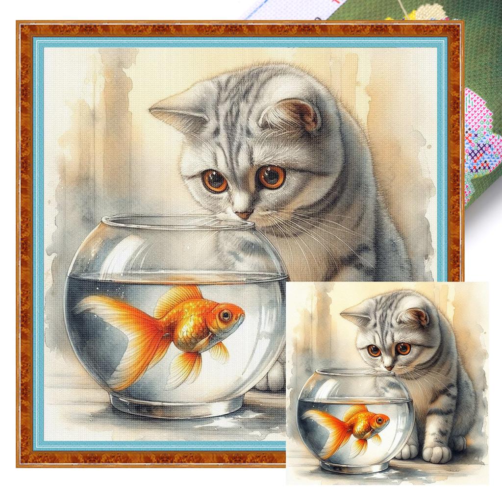 Cat Full 11CT DIY Stamped Cross Stitch Kits 15.75x15.75in Printed Cross-Stitch Kits for Beginners Adults Home Decor