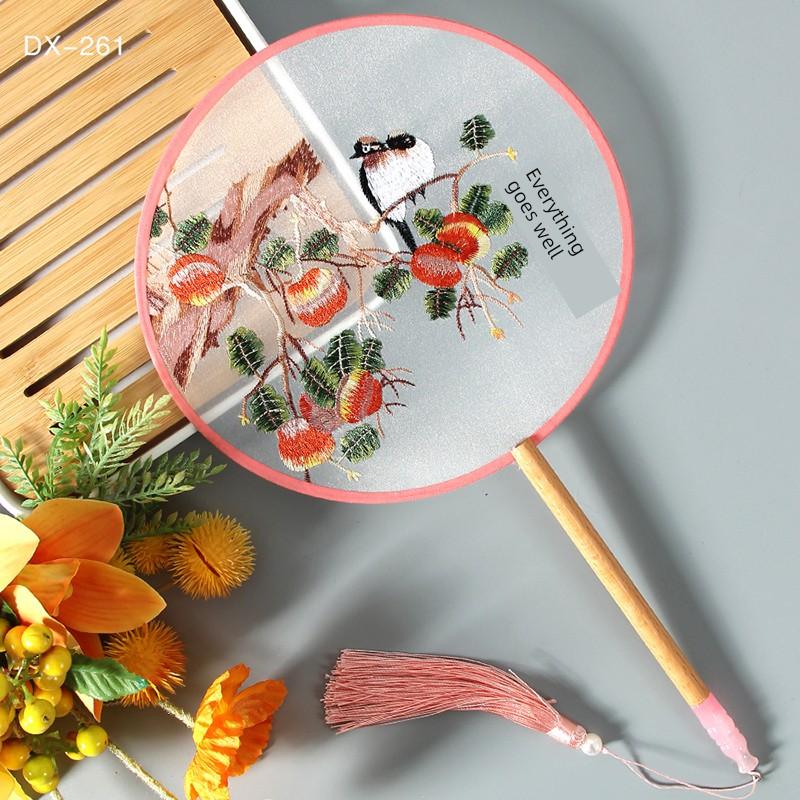 Antique Embroidery Circular Fan Chinese Style Cheongsam Fan Women's Double-Sided Embroidered Transparent round Long Handle Ancient Chinese Clothing