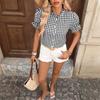 Women Casual Button Down Shirt Short Sleeve Round Neck Plaid Checkered Blouse Lightweight Summer Top