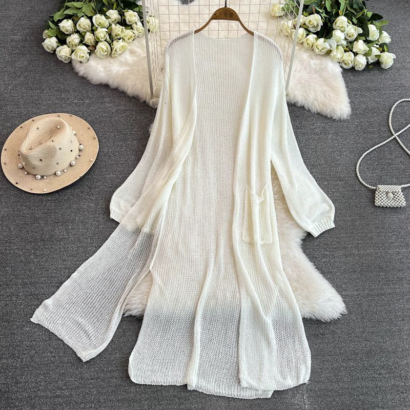 

Summer New Arrival K-style Ice Silk Lightweight Long Cardigan Pure Color Lazy Split Lantern Sleeve Sweater Sun Protection Clothing for Women Beige White All yards