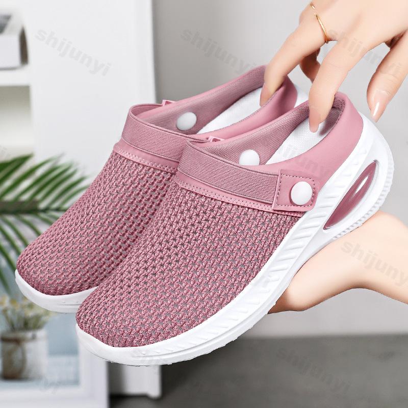 Mode Damen Schuhe 2025 Bequeme Weichsohlige Ballerinas Atmungsaktives Mesh Hohl Fly Weave Halbschlappen Rutschfest Leichte Freizeitschuhe