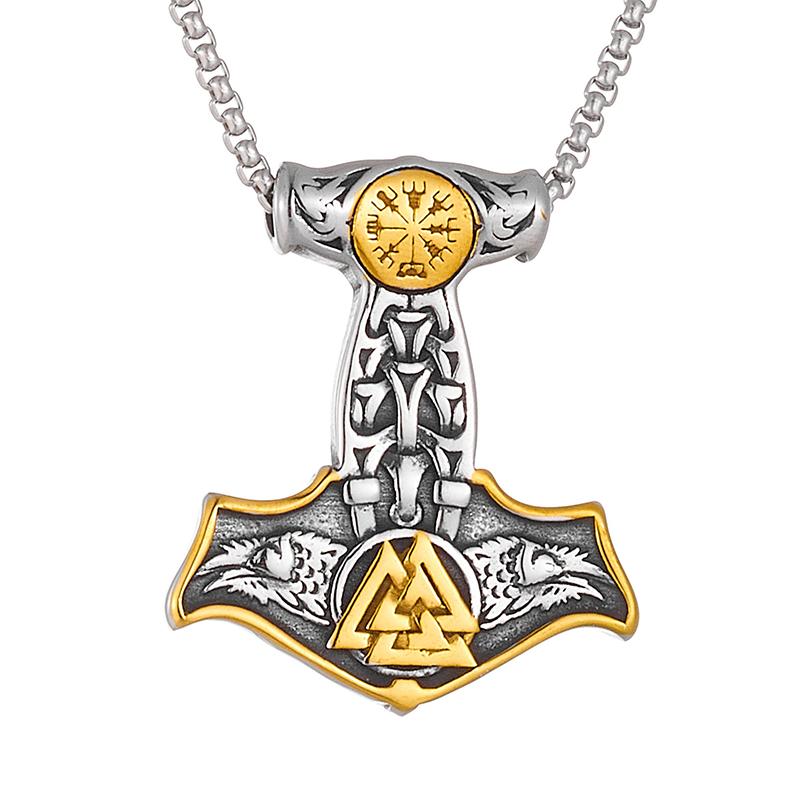 Vikings Thor Hammer Pendant Stainless Steel Mjolnir Necklace Nordic Rune Vegvisir Jewelry Popular Norse Scandinavian