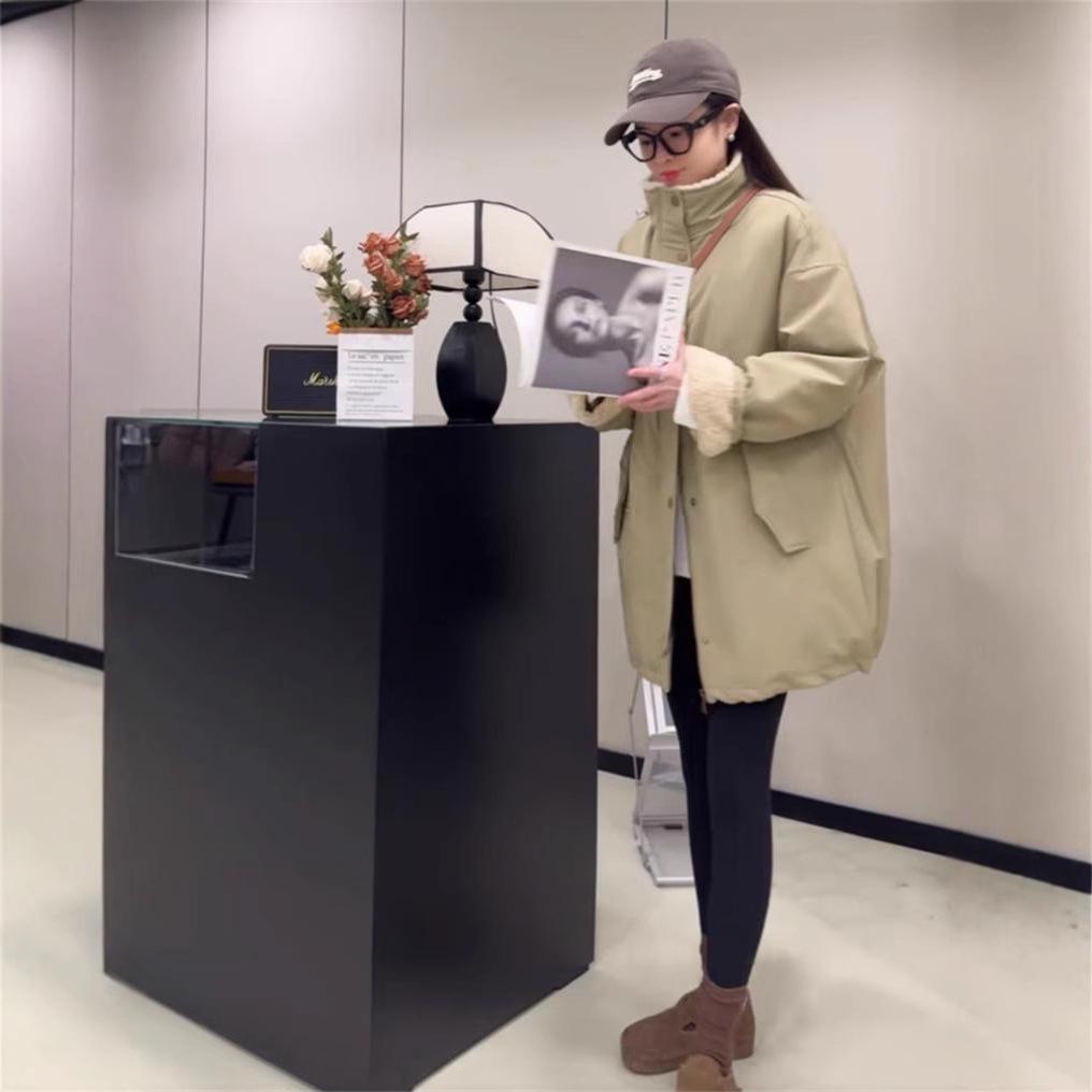 Women's Fleece-Lined Lambswool Parka with Stand-Up Collar - European Style 2024 Autumn/Winter