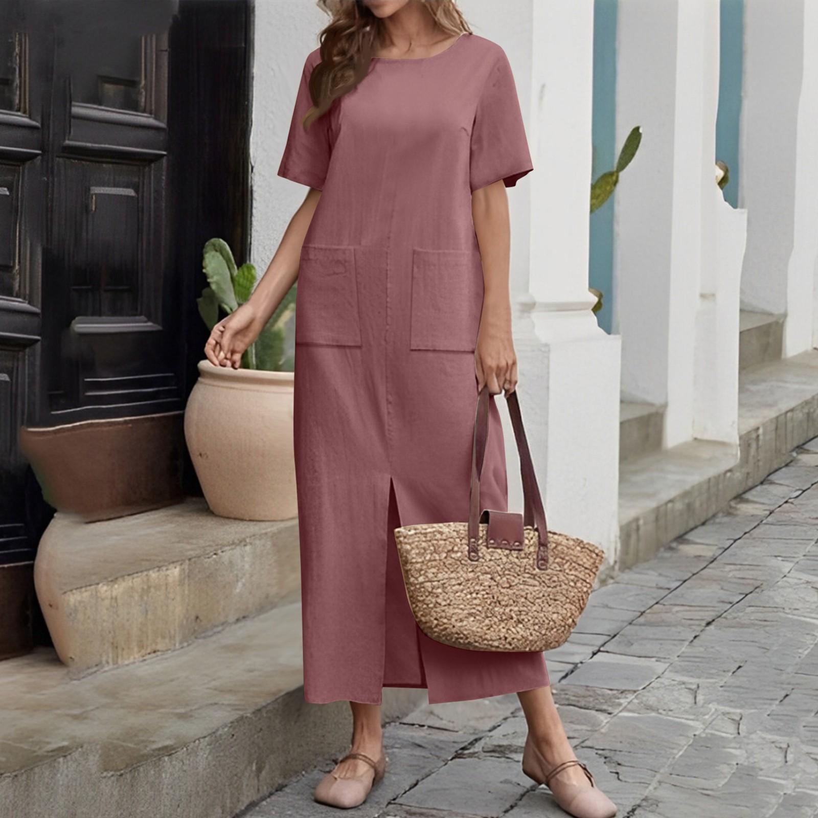 

Женское модное платье из хлопка и льна, однотонное, свободное, с круглым вырезом и коротким рукавом XXXL красный