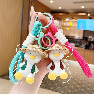 Creative Straw Hat Duck Doll Keychain Cartoon Keyring Car Key Hanging Pendant
