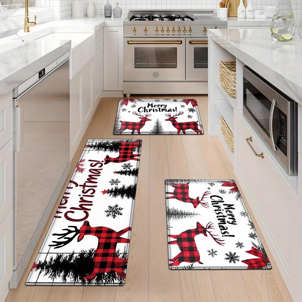 1Pcs Anti Fatigue Kitchen Rugs Merry Christmas Deer Print Waterproof Non-Slip Thick Cushioned Kitchen Mat Heavy Duty Comfort Standing Mat for Kitchen