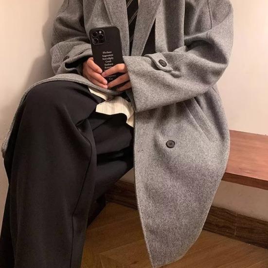 Men Windbreaker Lapel Long Sleeve Double-Breasted Casual Coat Autumn Winter Mid-length Outwear Solid Color Loose Fit Woolen Coat with Pockets