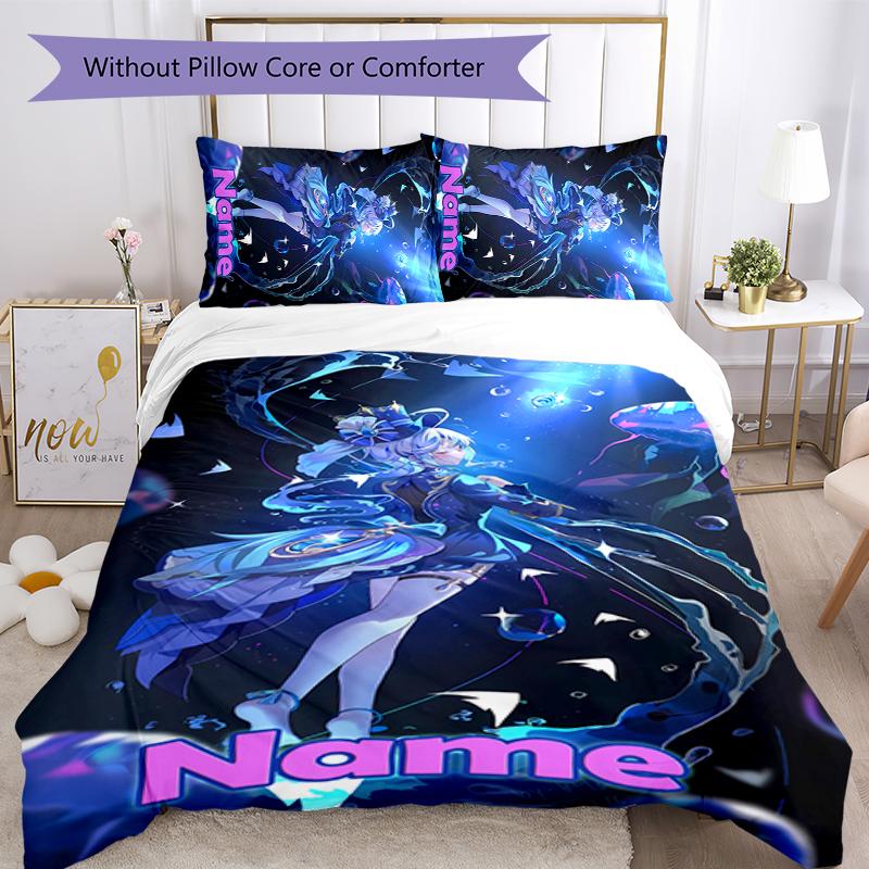 3pcs Custom Name Cartoon Genshin Impact Characters Bedding Set Duvet Cover Closure Includes 1 Duvet Cover & 2 Pillowcases for All Seasons Bedroom Deco