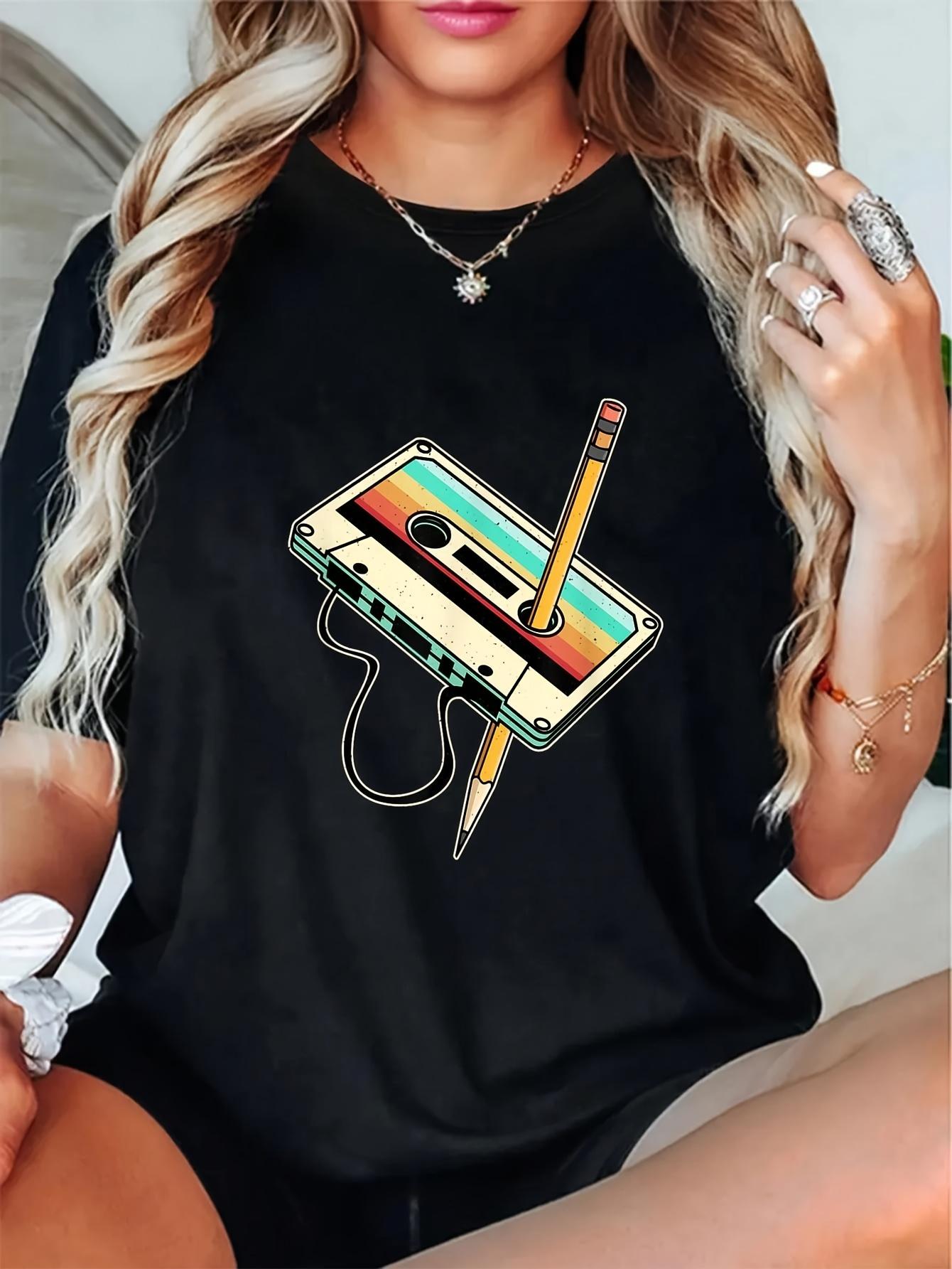 Retro Cassette Tape Pencil Graphic T-shirt XXL
