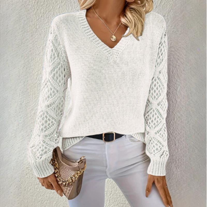 Spring and Autumn Jacket Hollow Knitted Sweater Women's Pullover Long-sleeved Crochet Jacquard Loose V-neck Bottoming Top