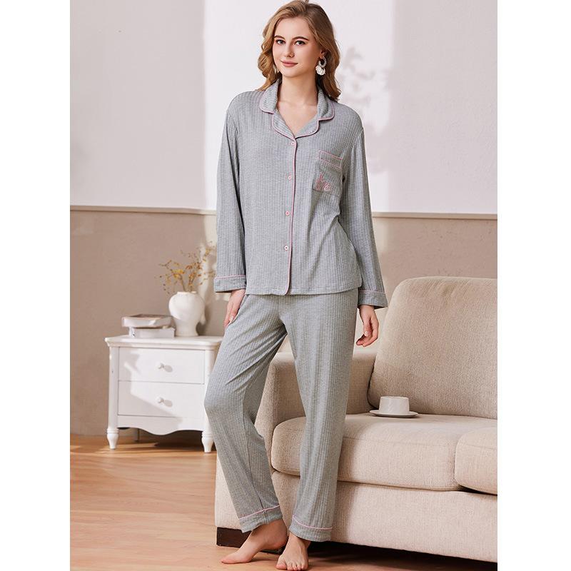 Pajamas women's spring and autumn 1011 new long-sleeved trousers solid color can be worn outside casual plus size loungewear suit
