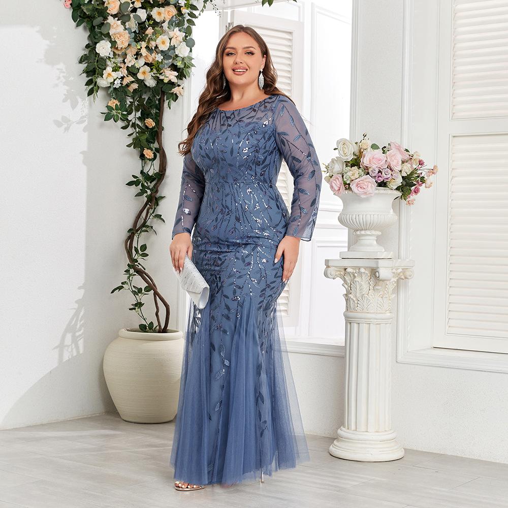 Plus Size Elegant Embroidered Mermaid Dress Round Neck Long Sleeve Lined Back Zipper