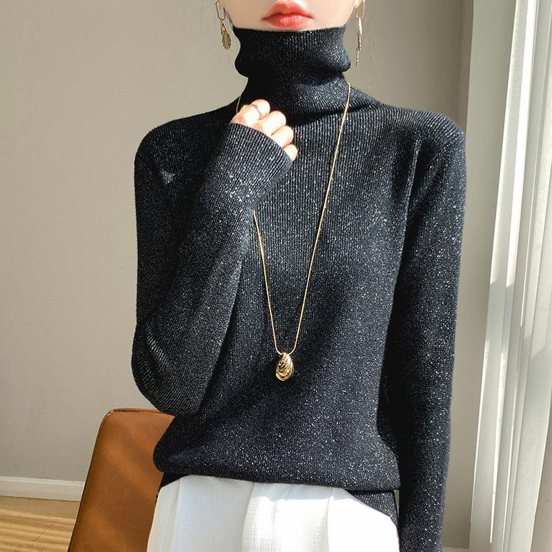 GMXIA Bright Silk Long Sleeve Knitted Bottom Shirt Women's High Neck Pullover Sweater Fashion Versatile Shorts Top Shirt