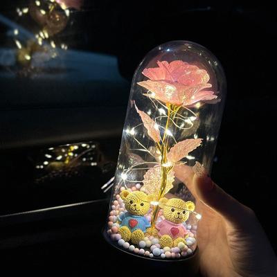 Lampe de nuit en verre avec couvercle en plastique et fleur éternelle, rose artificielle et ours en peluche, cadeau de Saint-Valentin pour votre petite amie